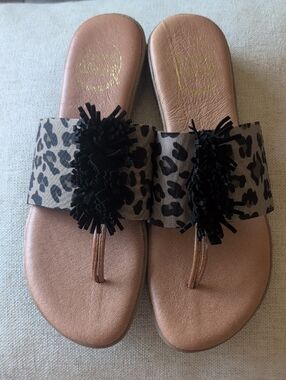 Leopard Print Slide Sandals with Black Fringe Accent (Andre Assous)
